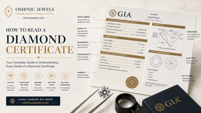 Close-up of a GIA diamond grading report under a jeweler's loupe alongside a loose round brilliant cut diamond
